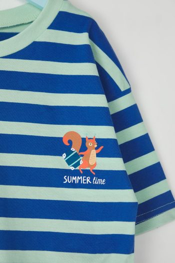 Trendyolmilla Kids Turquoise 100% Cotton Unisex Striped Oversized Short Sleeve Knit T-Shirt