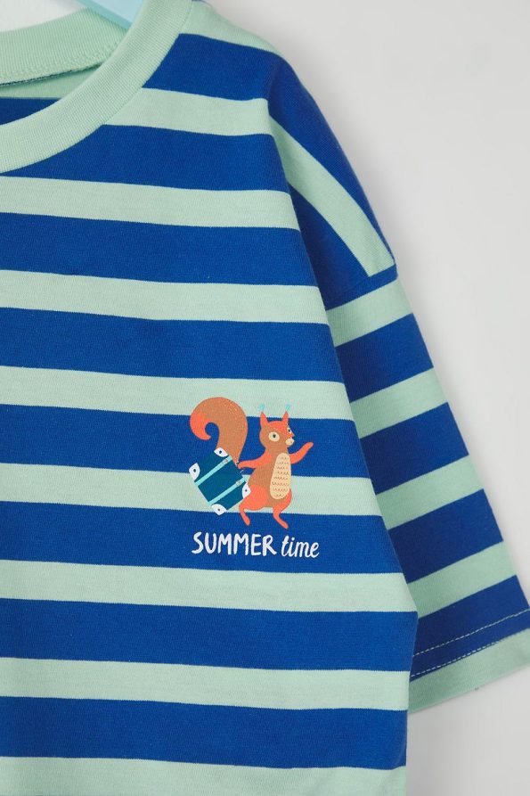 Trendyolmilla Kids Turquoise 100% Cotton Unisex Striped Oversized Short Sleeve Knit T-Shirt