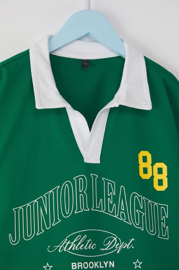 Trendyolmilla Kids Green Boys' 100% Cotton Slogan Printed Polo Collar Short Sleeve T-Shirt