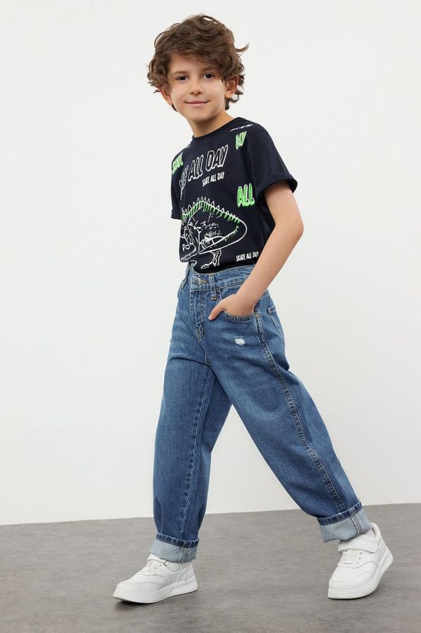 Trendyolmilla Kids Dark Blue Boy's Baggy Cotton Denim Pants