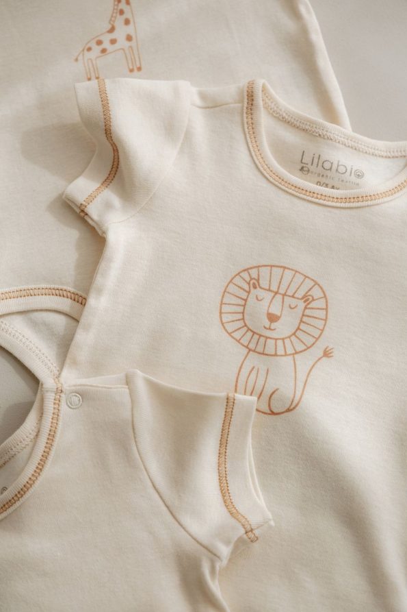 Lilabio 100% Organic Cotton 3-Pack Short Sleeve Baby Bodysuits - Animal Print