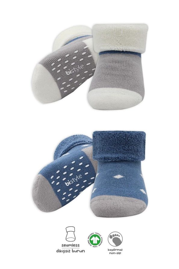 Bistyle Dotted Non-Slip Toweling Ankle Socks 2-Pack Indigo Grey