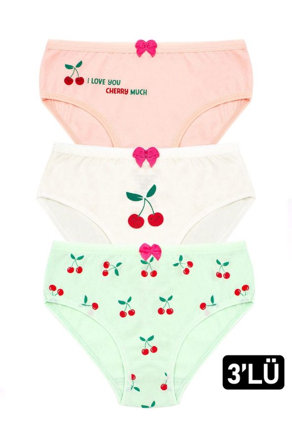 Öts Girls' Pack of 3 Cotton Stretch Cherry Print Bow Slip Underwear