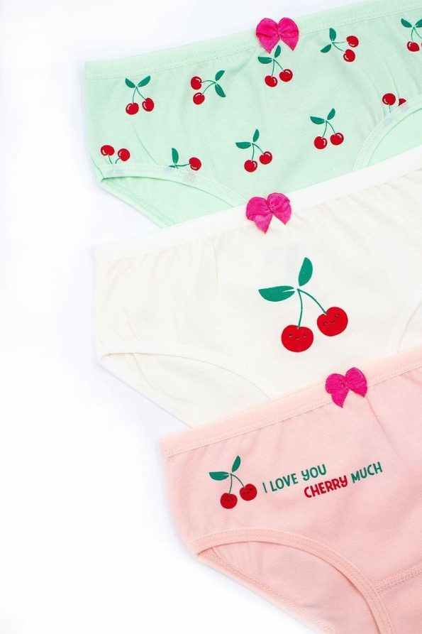 Öts Girls' Pack of 3 Cotton Stretch Cherry Print Bow Slip Underwear