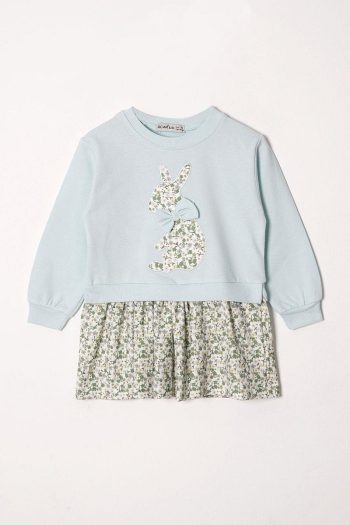 Zepkids Bicycle Neck Long Sleeve Rabbit Print Skirted Mint Sweat Set for Girls