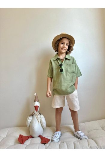 Yigit Boutique Muslin Fabric Shirt Collar Boys' Shorts Set