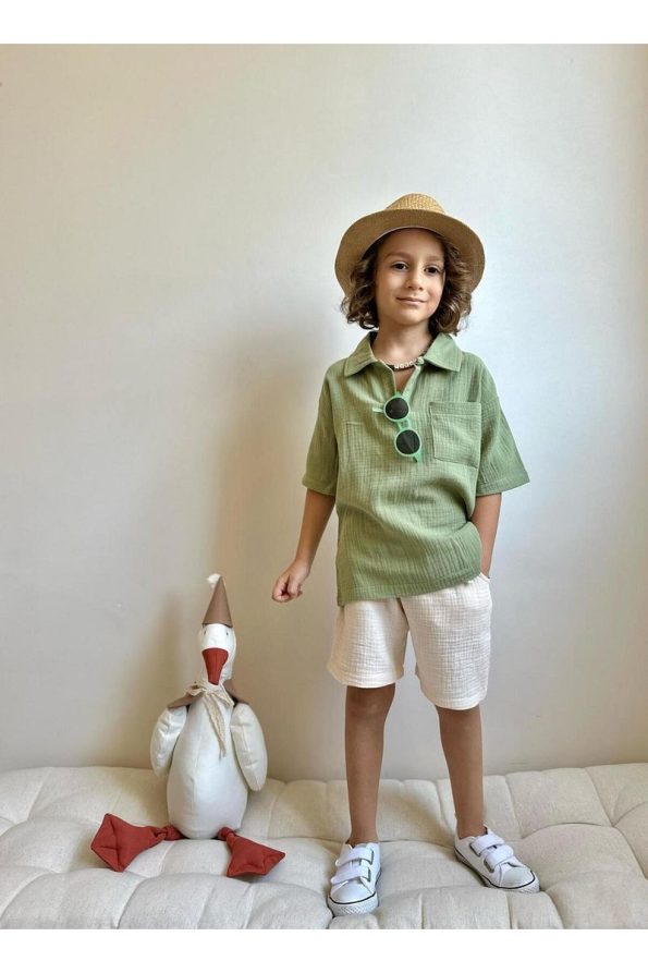 Yigit Boutique Muslin Fabric Shirt Collar Boys' Shorts Set