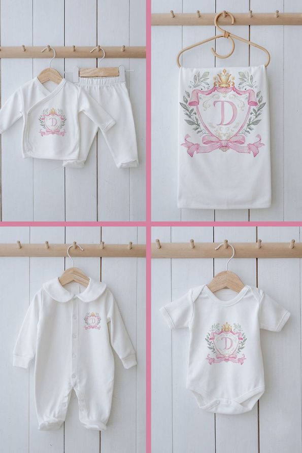 Tuğba Swan Organic 11-Piece Hospital Layette - Pink Royal Series - Letter D