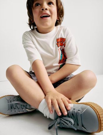 Boys' Marvel Character Printed White T-Shirt and Striped Shorts Set