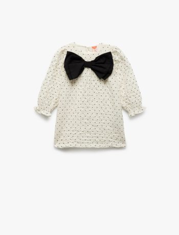 Girls' Cotton Long Sleeve Bow Detail Dress