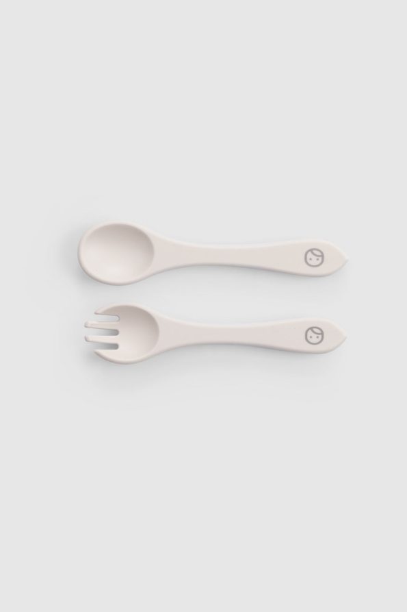 Beige Silicone Vacuum Suction Plate Fork and Spoon Set