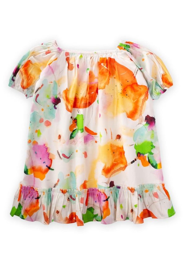 Collared Elastic Cuff Poplin Dress 2-7 Years Ecru Patterned