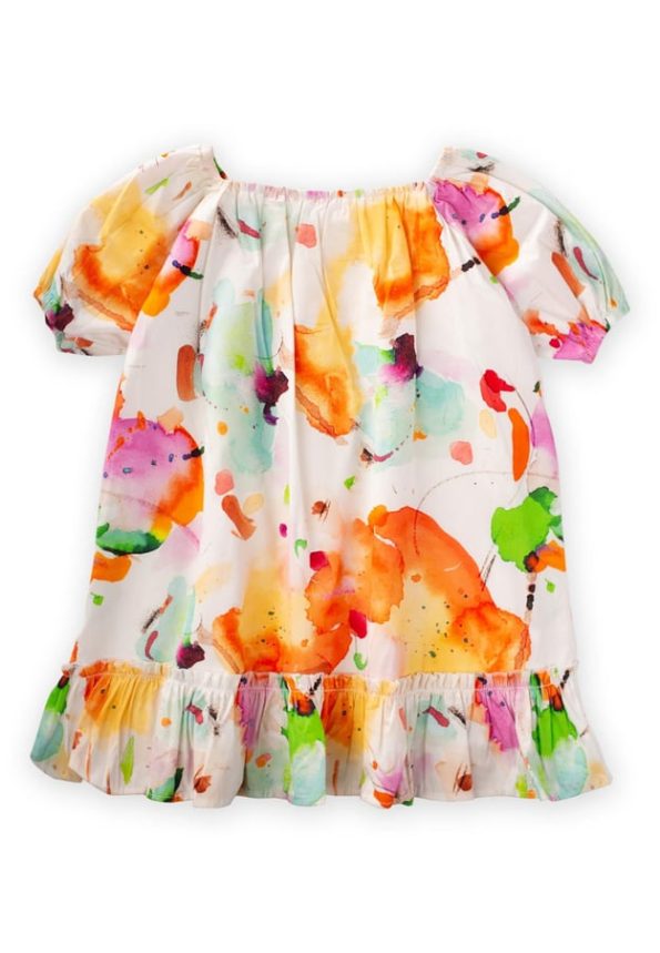 Collared Elastic Cuff Poplin Dress 2-7 Years Ecru Patterned