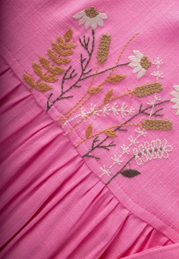 Embroidered Side-Tie Linen Dress for Ages 2-7 in Pink