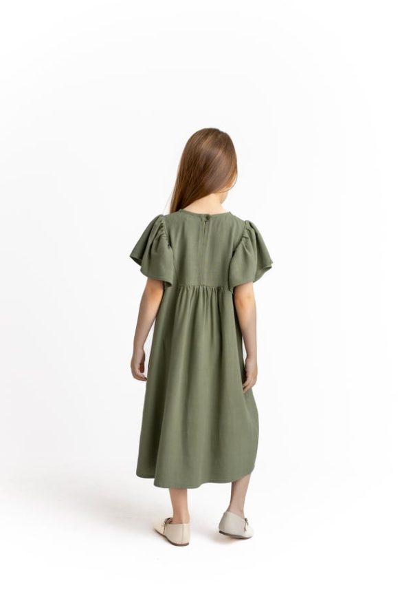 Embroidered Linen Dress for Kids 2-7 Years Olive Green
