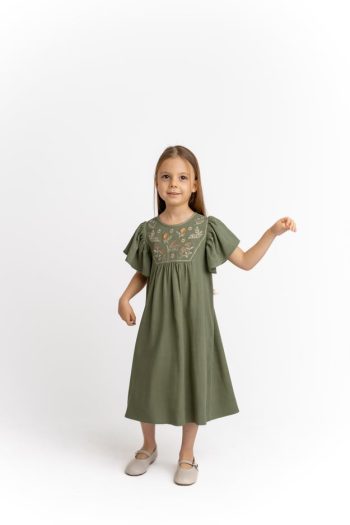 Embroidered Linen Dress for Kids 2-7 Years Olive Green