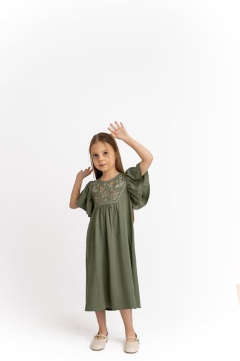 Embroidered Linen Dress for Kids 2-7 Years Olive Green