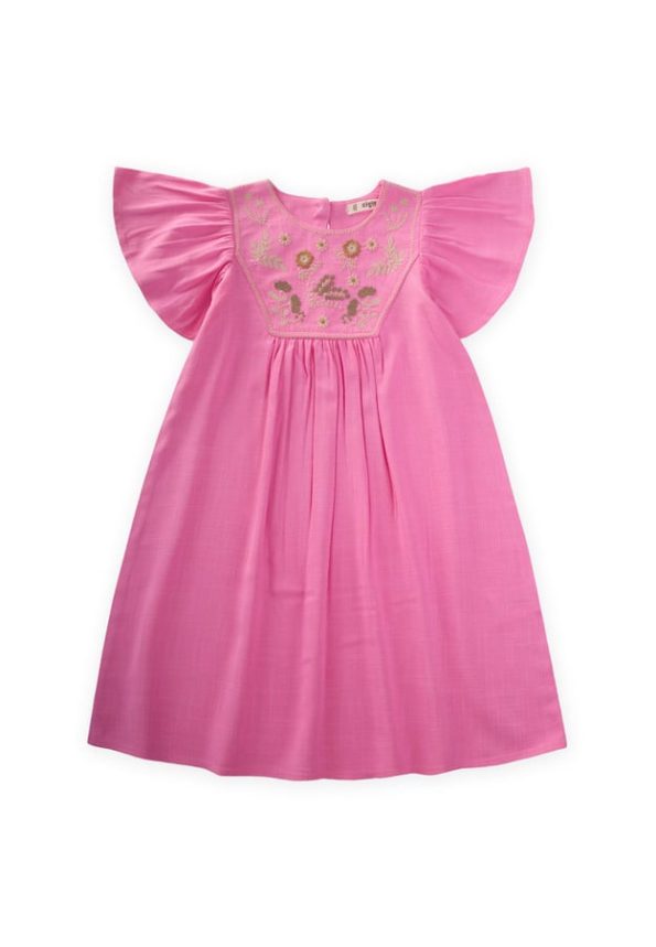 Embroidered Linen Dress for Ages 2-7 Pink