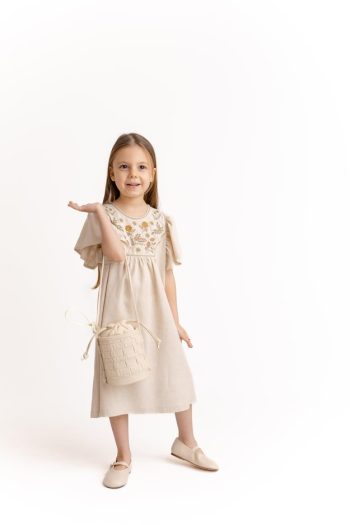 Embroidered Linen Dress for Ages 2-7 Natural