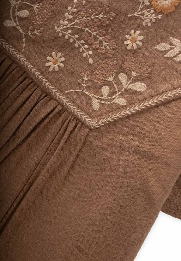 Embroidered Linen Dress for Ages 2-7 Caramel