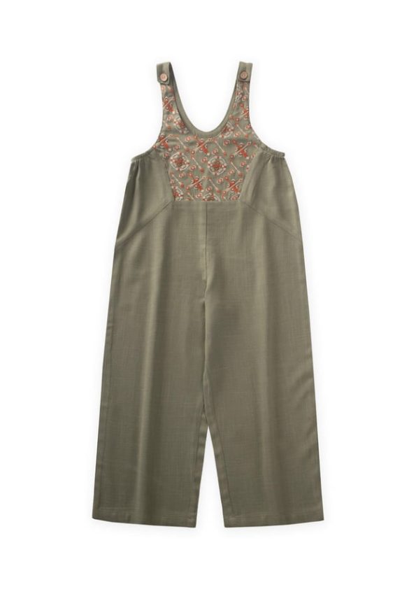 Embroidered Cotton Linen Overall for Ages 2-7 in Olive Green