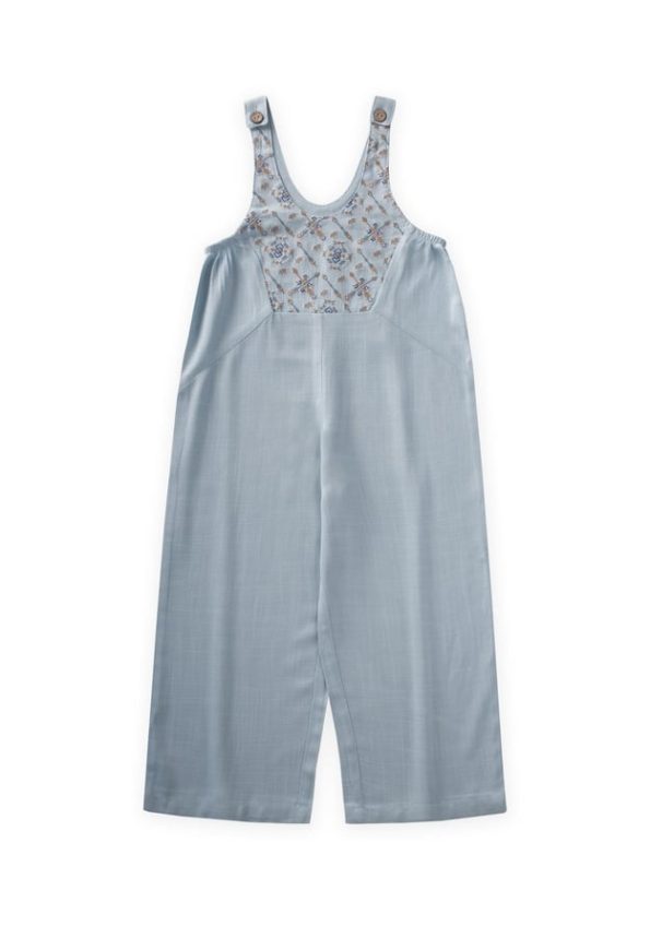 Embroidered Linen Dungarees for Kids 2-7 Years Blue