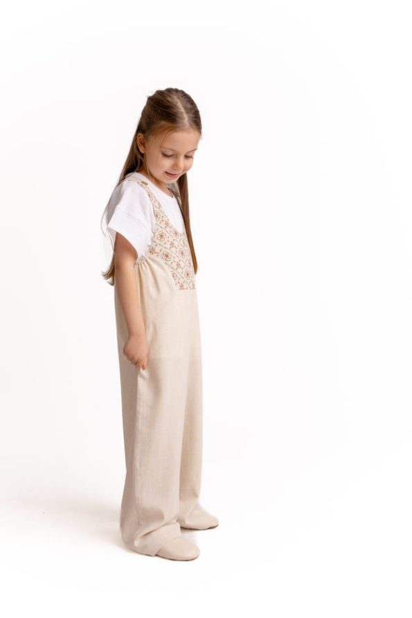 Embroidered Linen Overall for Ages 2-7 Natural