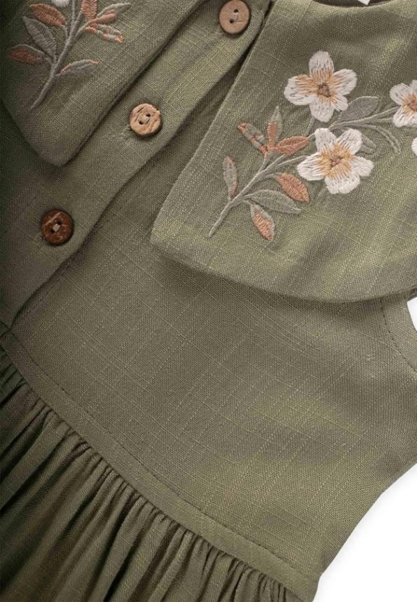 Embroidered Collar Linen Dress for Ages 2-7 in Olive Green