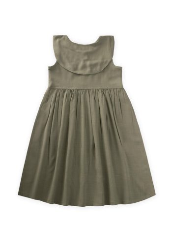 Embroidered Collar Linen Dress for Ages 2-7 in Olive Green