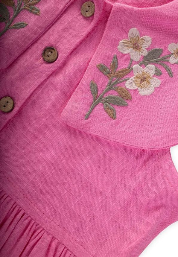 Embroidered Collar Linen Dress for Ages 2-7 Pink
