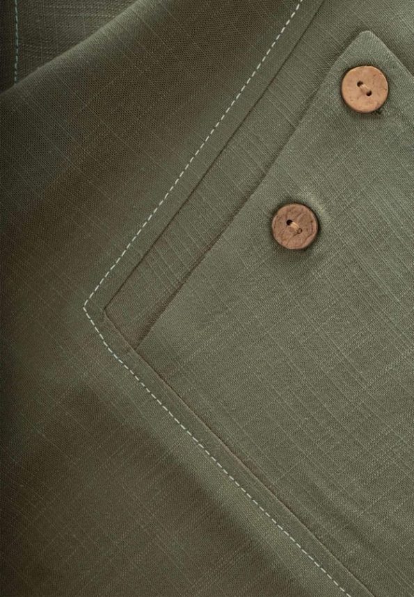 Contrast Stitch Linen Blouse for Ages 2-7 in Olive Green
