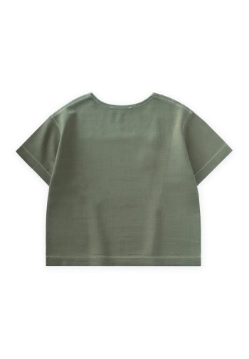 Contrast Stitch Linen Blouse for Ages 2-7 in Olive Green