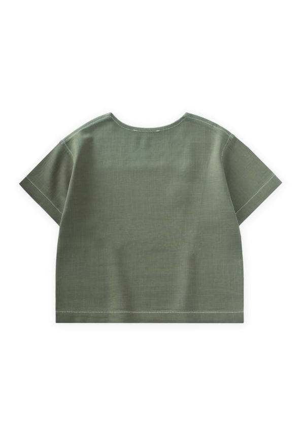Contrast Stitch Linen Blouse for Ages 2-7 in Olive Green