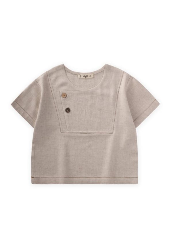 Contrast Stitch Linen Blouse for Ages 2-7 Natural