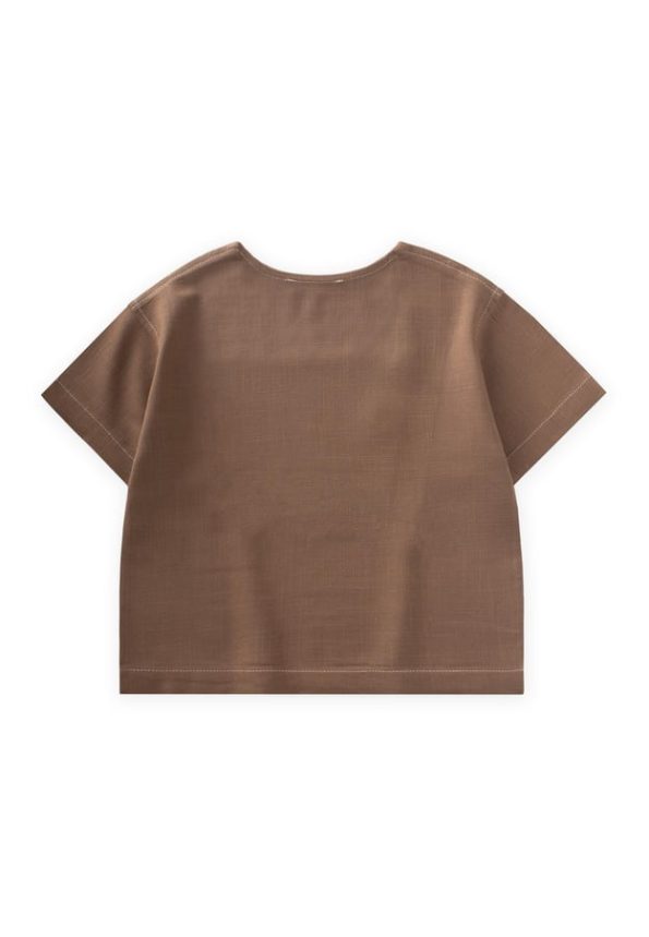 Contrast Stitch Linen Blouse for Ages 2-7 Caramel