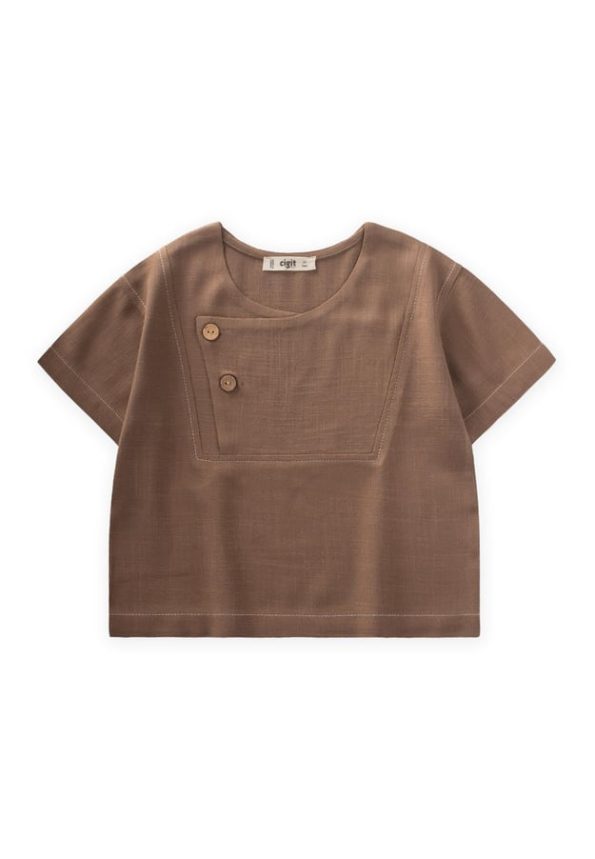 Contrast Stitch Linen Blouse for Ages 2-7 Caramel