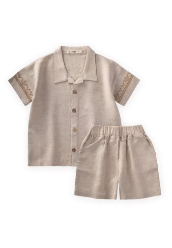 Embroidered Sleeve Shirt and Shorts Linen Set for Ages 2-7 Natural