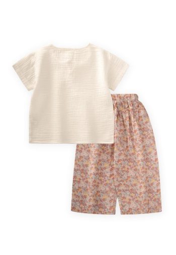 Loose Pants Set for Ages 2-7 in Ecru with Floral Design
