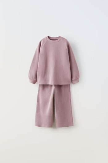 Girls' Cotton Waffle Sweatshirt and Wide-Leg Pants Set - Comfortable Fit