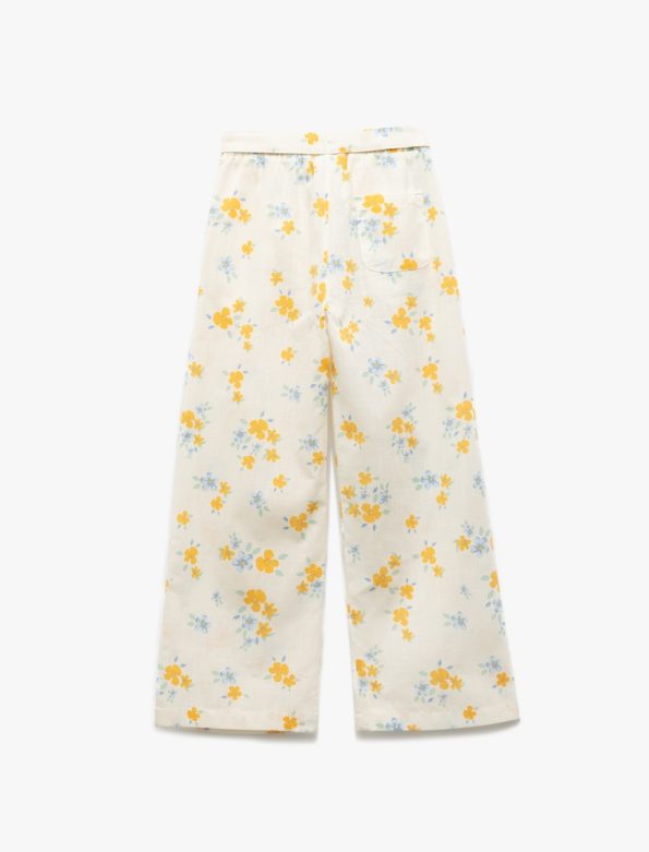 Girls' Cotton Floral Print Wide Leg Trousers with Belt Detail
