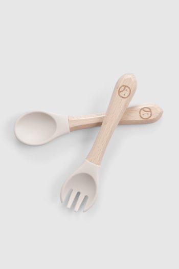 Bamboo Handle Beige Silicone Fork and Spoon Set