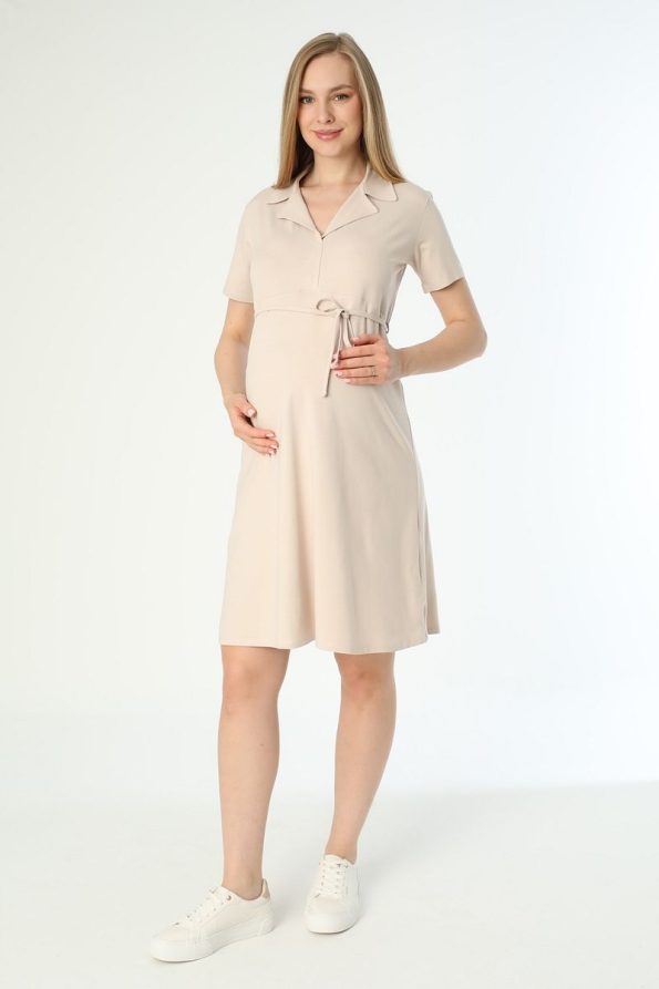 Miss Dünya Lissa Beige Comfortable Midi Maternity and Nursing Dress