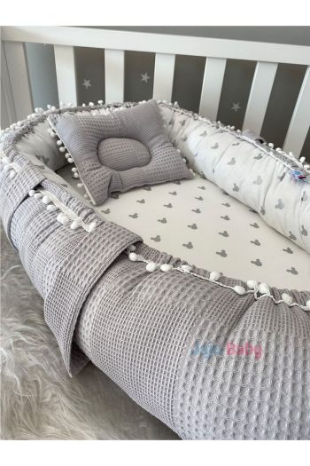 Jaju Baby Grey Waffle Fabric Mickey Design Nest with Pom Poms