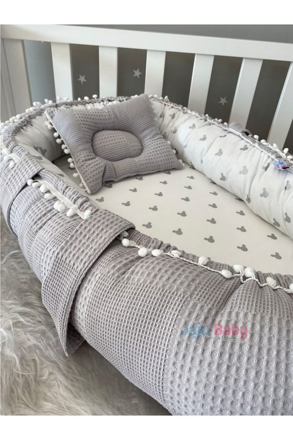 Jaju Baby Grey Waffle Fabric Mickey Design Nest with Pom Poms