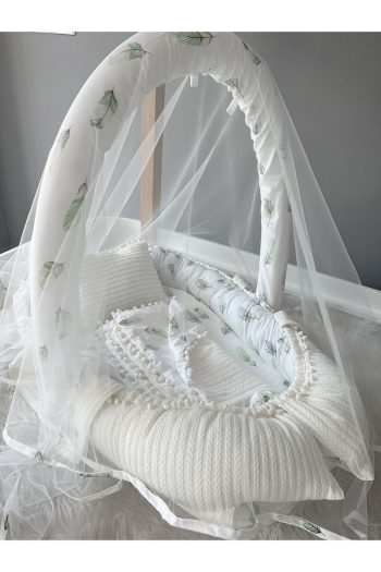 Jaju Baby Nest Knitted Fabric Feather Pattern Canopy Baby Nest and Blanket Set