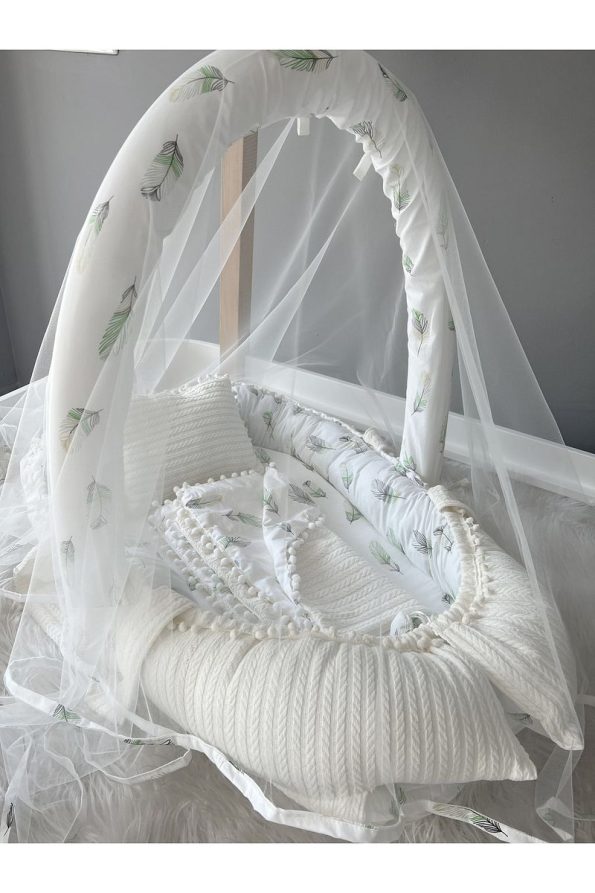 Jaju Baby Nest Knitted Fabric Feather Pattern Canopy Baby Nest and Blanket Set
