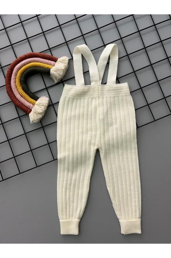 Sparrow Laurel Cream Color Adjustable Strap Unisex Baby Knit Overall Pants