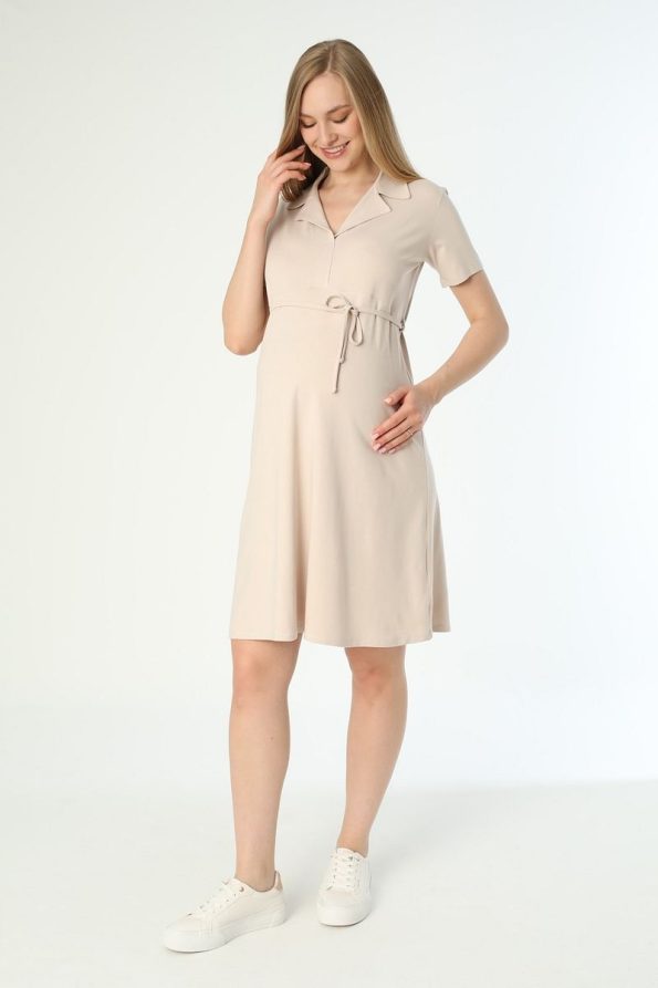 Miss Dünya Lissa Beige Comfortable Midi Maternity and Nursing Dress