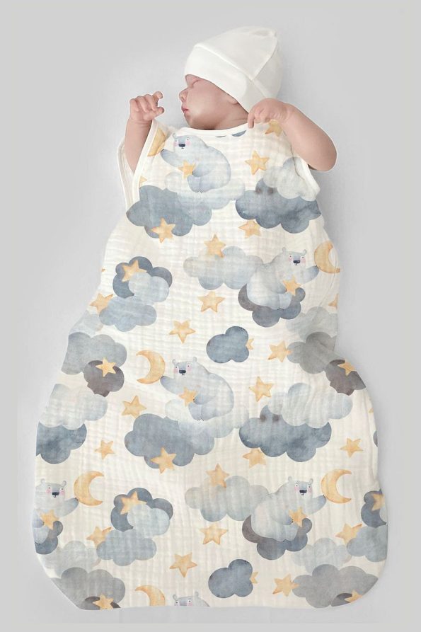 Tuğba Swan 4-Layer Muslin Baby Sleep Sack (0-18 Months) - Stars and Bears