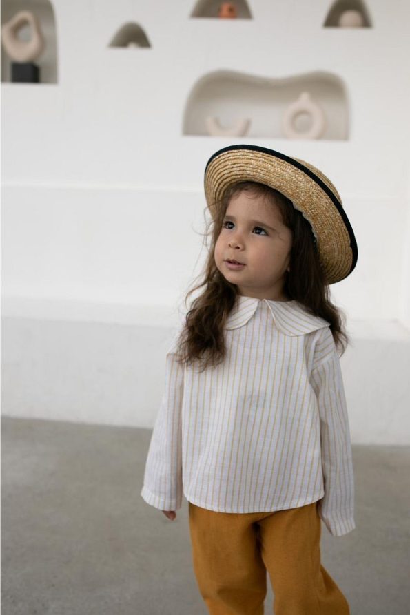 Blanie KIDS Baby Collar Raw Linen Girls Blouse and Pants Set